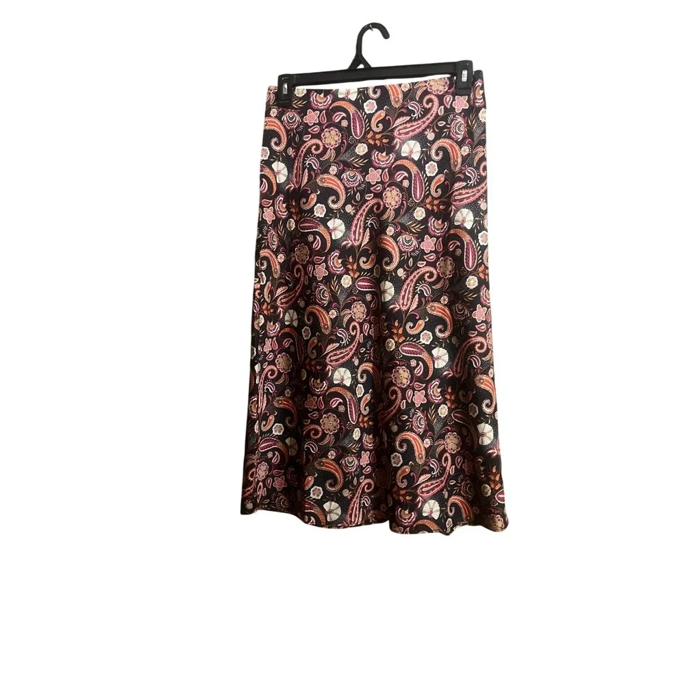 Loft‎ Petites Black Pink Paisley Floral Midi Skirt Size LP A-Line Pull On Boho